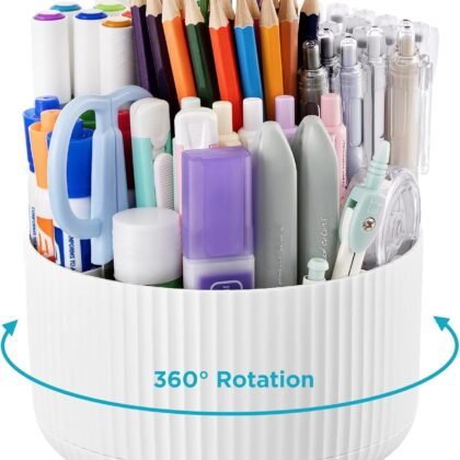HBlife Pencil Pen Holder for Desk, 5 Slots 360° Degree Rotating Desk Organizers and Accessories, Desktop Storage Stationery Supplies Cute Pencil Cup Pot for Office, School, Home, Art Supply, White