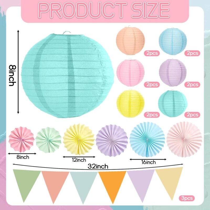 21Pcs Pastel Classroom Decor Colorful Pastel Hanging Paper Lanterns Paper Fans Triangle Flags Banners Set Round Lantern for Back to School Ceiling Supplies Home Indoor Birthday Party Ceremonial Event - Image 2
