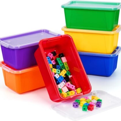 GAMENOTE Colored Plastic Storage Bins with Lids, Stackable Containers,Toy Storage Organizer - 5 Qt 6 Pack-Small Tubs,Tote Box for Classroom, Kids, Sorting (12×7.2×5.1 in)