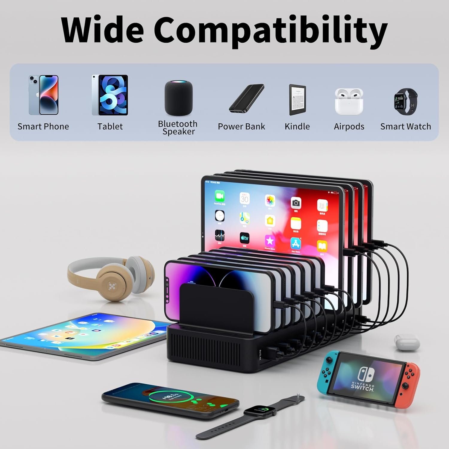 60W Charging Station for Multiple Devices, 10-Port USB Fast Charging Station with Adjustable Dividers - Device Organizer Charging Dock for iPhone, Android, iPad, Tablets & More - Image 5