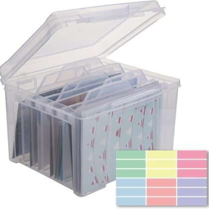 Greeting Card Storage & Organizer Box with 6 Removable Dividers for Holiday Birthday Get Well Cards Photos, Crafts, Scrapbooking(Clear)
