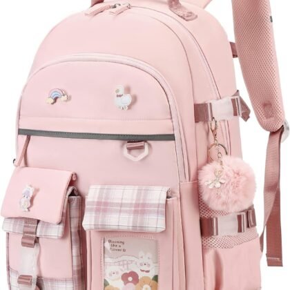 Backpack for Girls, 15.6 Inch Laptop School Bag Kids Kindergarten Elementary College Backpacks Large Bookbags for Teen Girl Women Students Casual Travel Daypacks (Pink)
