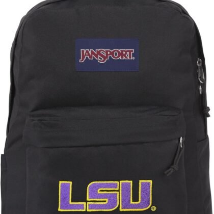 JanSport NCAA Officially Licensed Backpack, Lsu Tigers, Superbreak Plus with Padded 15'' Laptop Sleeve, Spacious Computer Bag for Men & Women, Durable Daypack with Bottle Pocket, Black