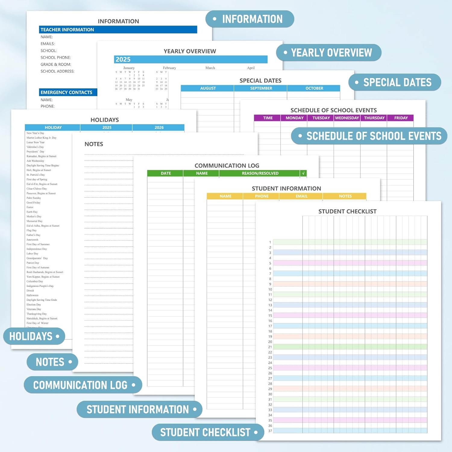 Teacher Planner 2025-2026, Aug 2025-Jul 2026 Academic Year, 8.5" x 11" Lesson Planner Book for Teacher Calendar, Spiral Bound Planners, Planning Stickers, Colorful Monthly Tabs, Checkered - Image 5