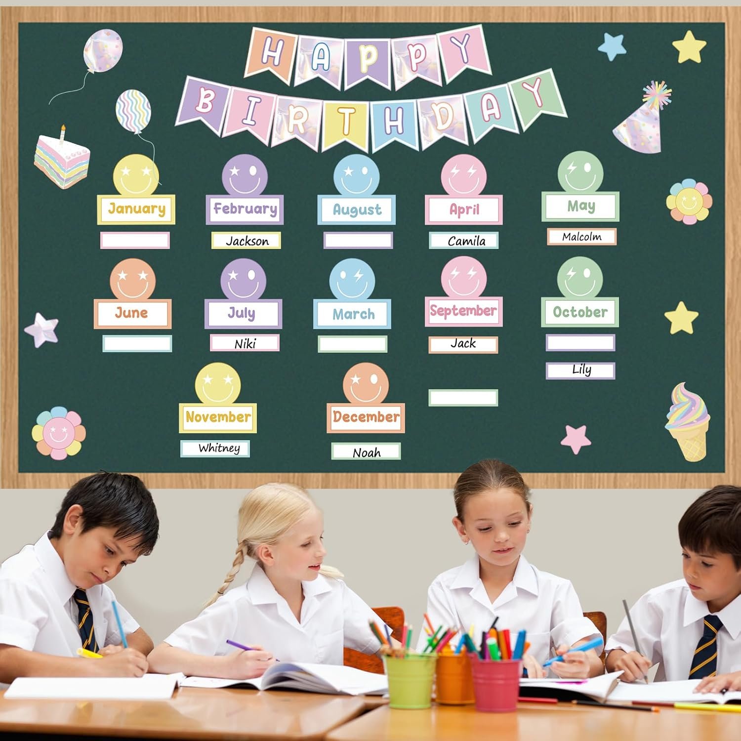 Pastel Smile Face Birthday Bulletin Board Set Happy Face Classroom Bulletin Board Decors Happy Birthday Nameplates Cake Paper Cutouts for Back to School Classroom Chalkboard Wall Door Teacher Supplies - Image 4