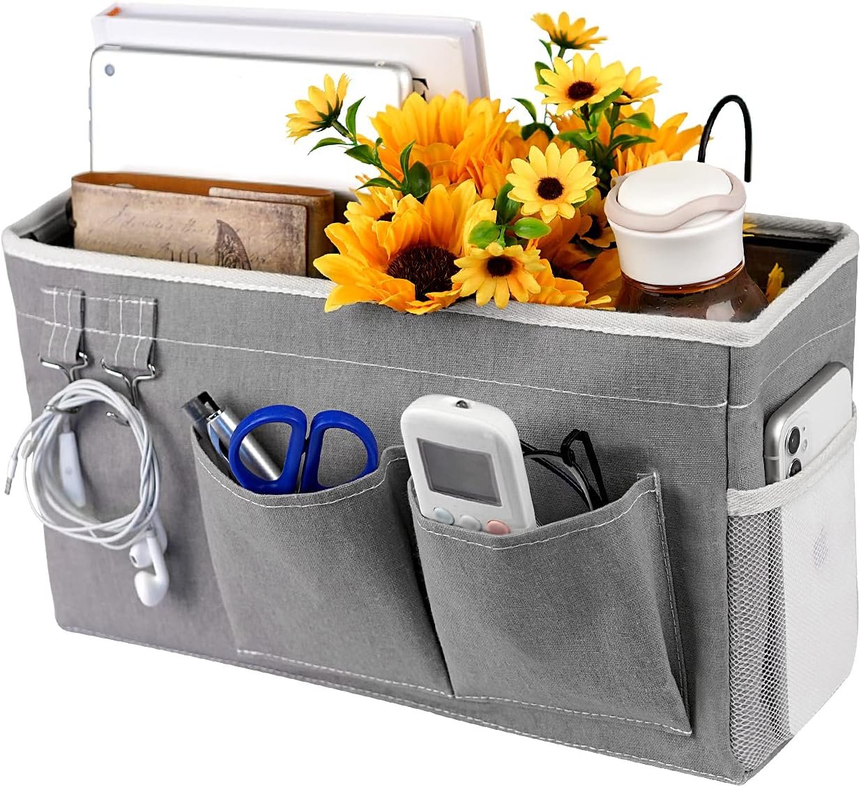 Loghot Bedside Caddy/Bedside Storage Bag Hanging Organizer for Bunk and Hospital Beds,Dorm Rooms Bed Rails,Can be Placed Glasses,Books,Mobile Phones,Keys (Grey)