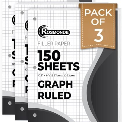Graph Paper 3 Pack, 450 Sheets, 4x4 Grid Paper, 8" x 10.5", 3 Hole Punched, Notebook Paper, 54 GSM Thick Graphing Paper, Quad Ruled Graph Paper, Loose Leaf Paper, Back to School Supplies