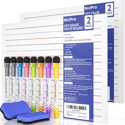 Nicpro 2 Pack Magnetic Dry Erase Lap Board, 9 x 12 inches Magnetic Lined Small Lapboard with 8 Pens, 2 Eraser, Learning Mini Whiteboard Portable for Kid Student and Classroom Use