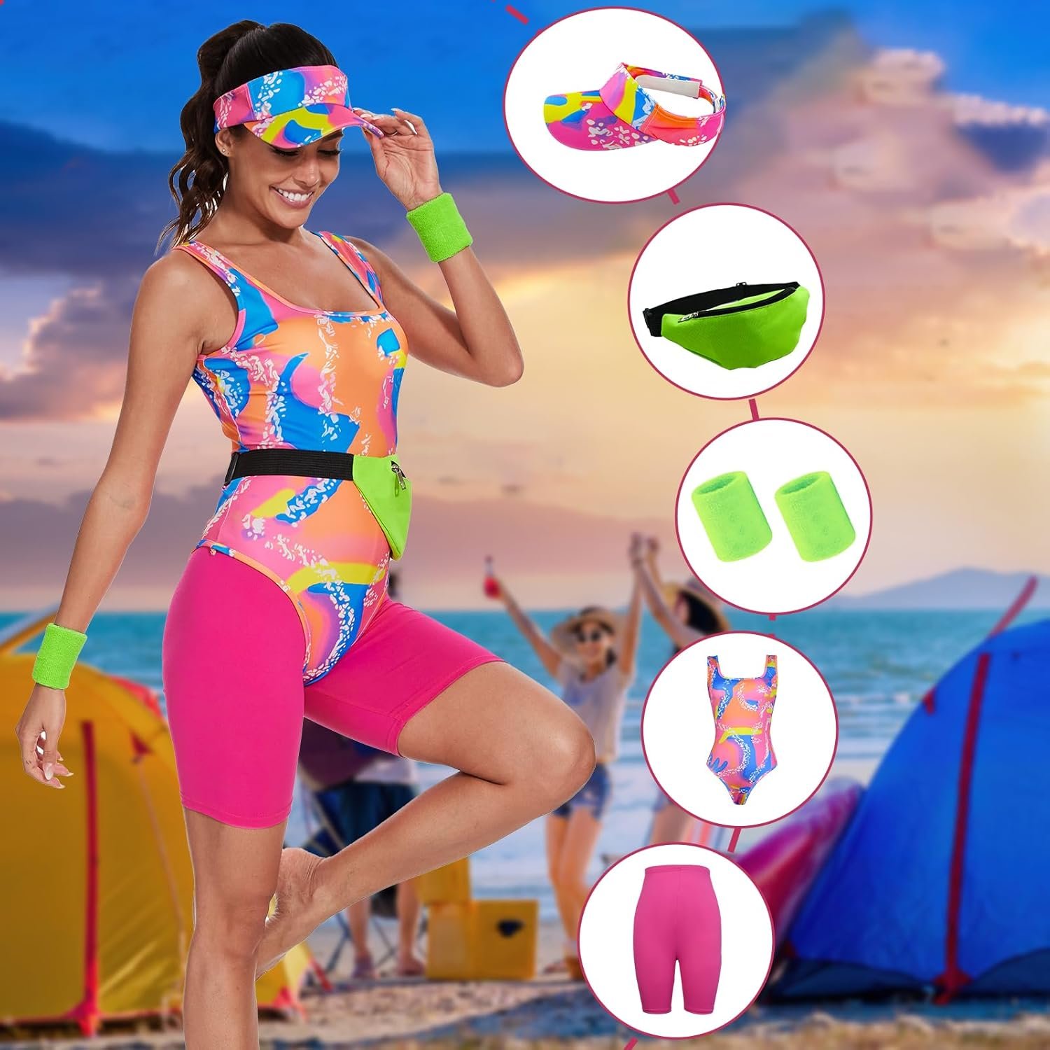 80s 90s Workout Costume for Women Halloween Costumes Cosplay Outfits Swimwear Suit Leotard Legging With Sun Visor (X-Large) - Image 4