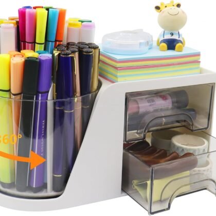 Desk Organizer with Rotating Pen Holder, Spinning Pencil Organizer Desktop Stationary Organization Storage Caddy with 2 Drawers for Home Office Teacher School Kids Art Supplies(White)