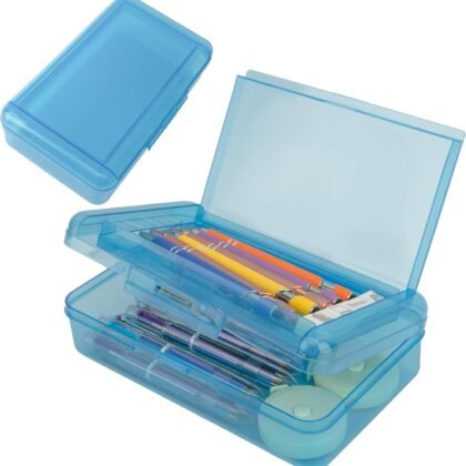 Pencil Case Box, Navy Blue Double Layer Large Capacity Plastic Pencil Boxs, Hard Pen Case with Snap-tight Lid,Storage Art Craft Box Marker Organizer for Kids Boys Girls Offices Back to School Supplies