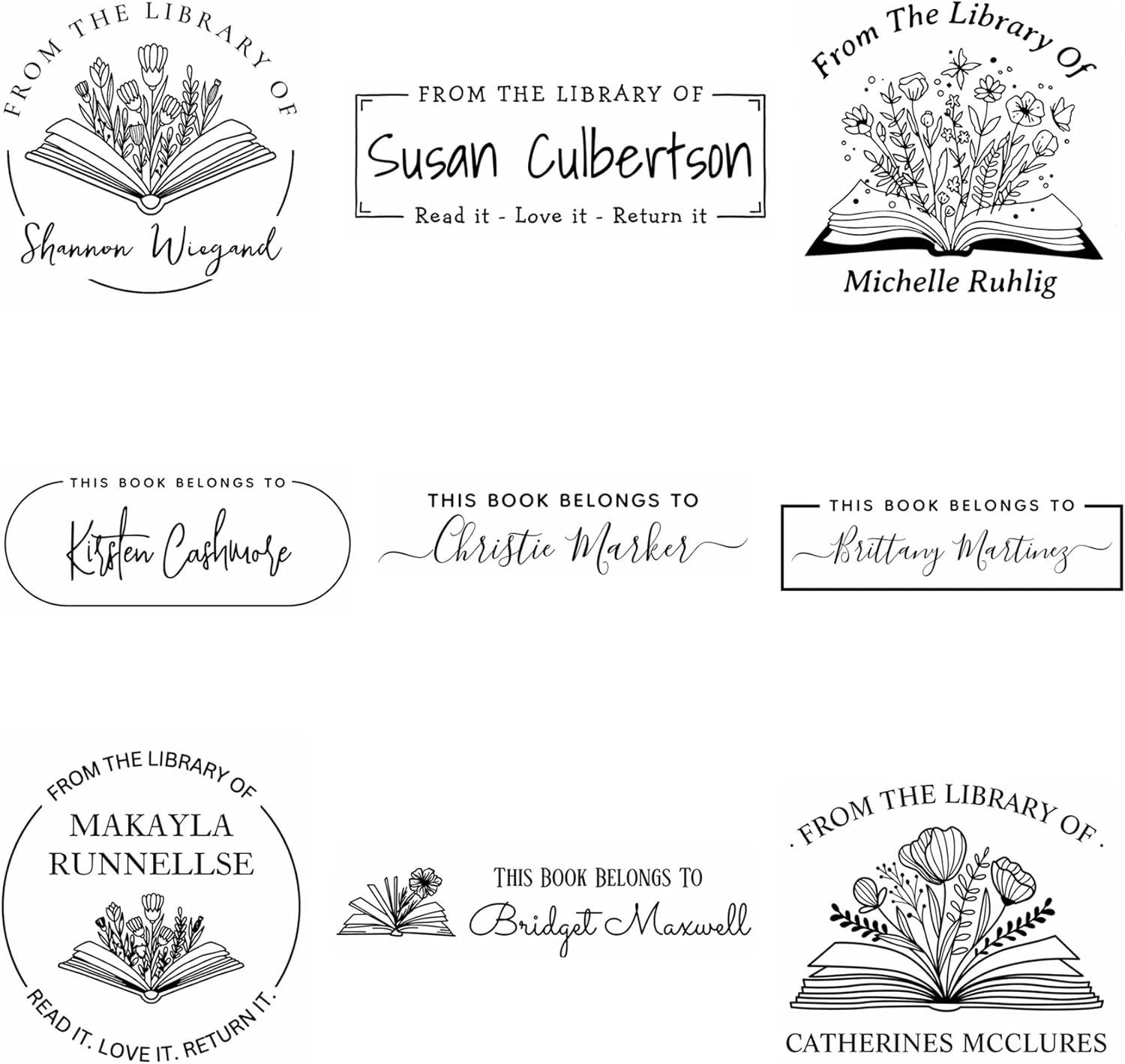 Generic from The Library of Self-Inking Stamps & Embossers, Floral Book Stamp Personalized, Custom Book Embosser, Ex Libris, Black