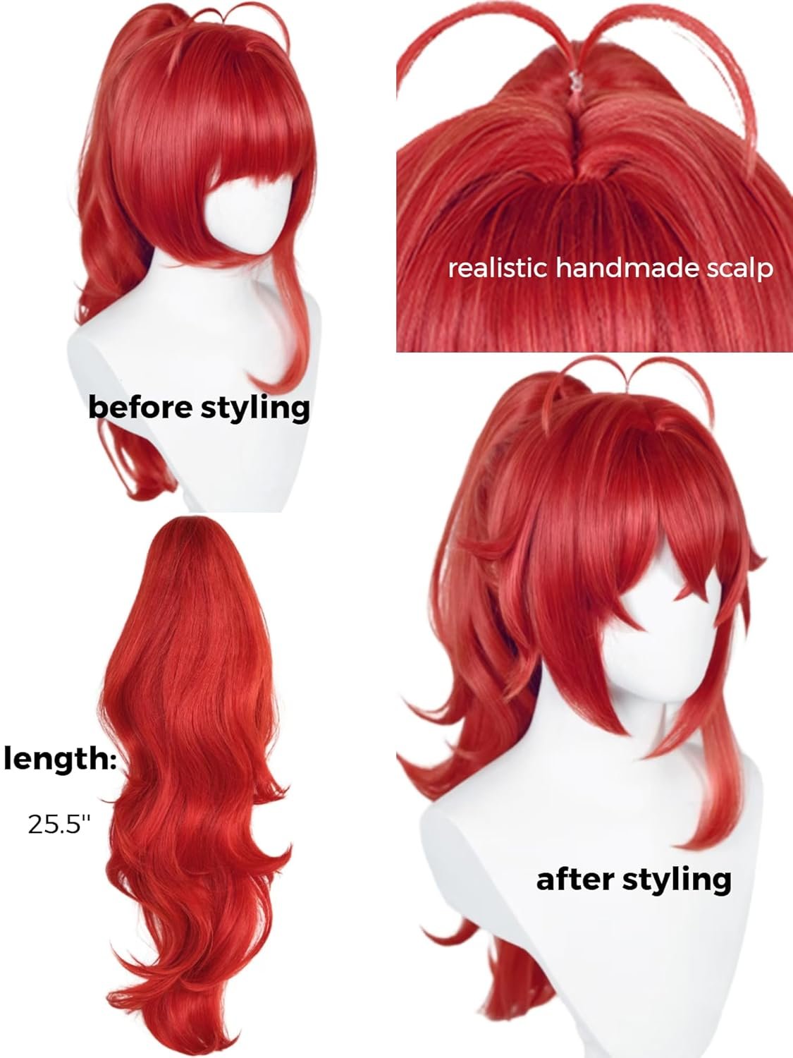 Diluc Cosplay Wig Red Ponytail Princess Wig with Bangs Red Pigtail Wigs for Women Men Halloween Party - Image 6