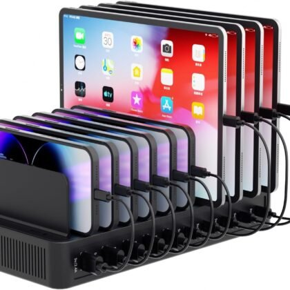 60W Charging Station for Multiple Devices, 10-Port USB Fast Charging Station with Adjustable Dividers - Device Organizer Charging Dock for iPhone, Android, iPad, Tablets & More