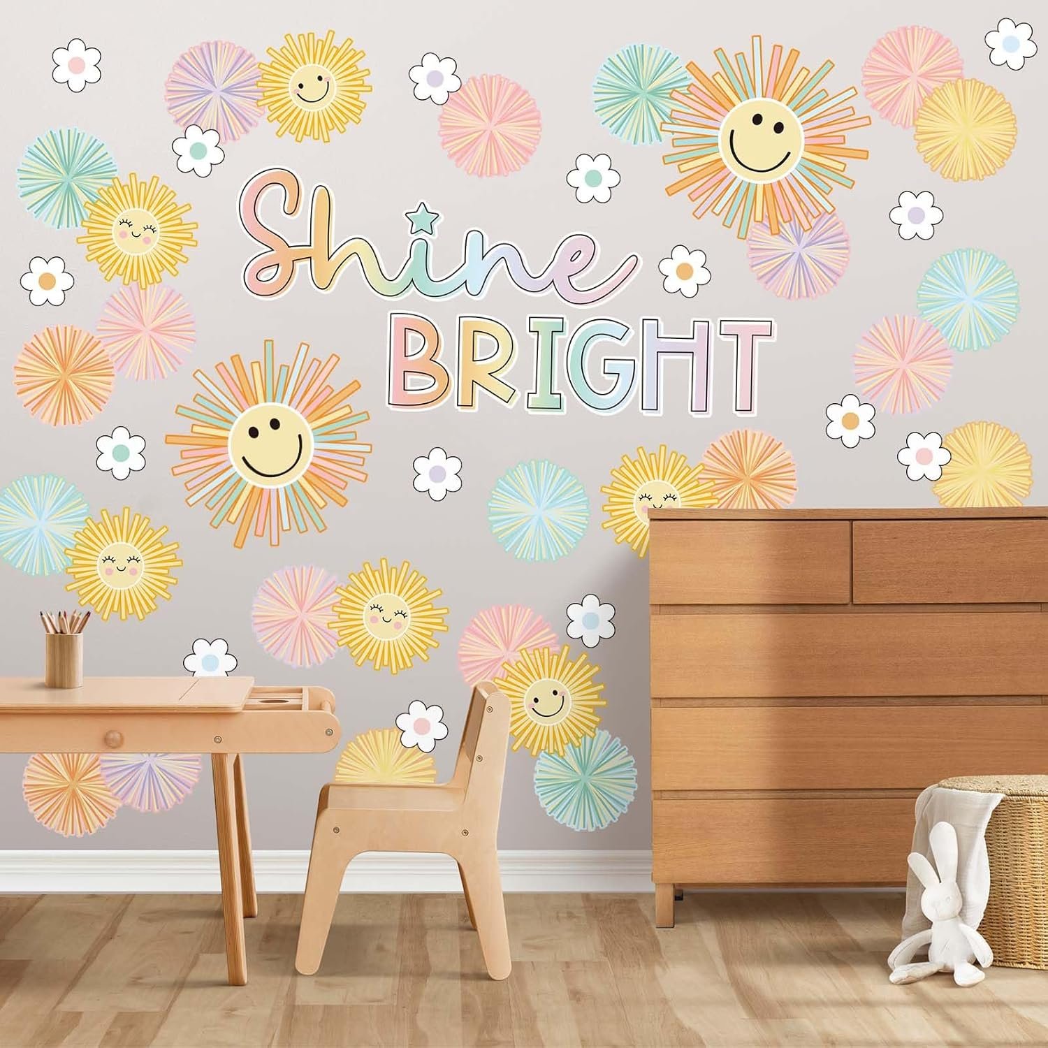 Summer Shine Bright Sun Bulletin Board Set Pastel Paper Cutouts with 100Pcs Glue Points Colorful Cute Sun Cut-Outs for School Classroom Home Sunshine Party Decor Supplies, 45Pcs - Image 4