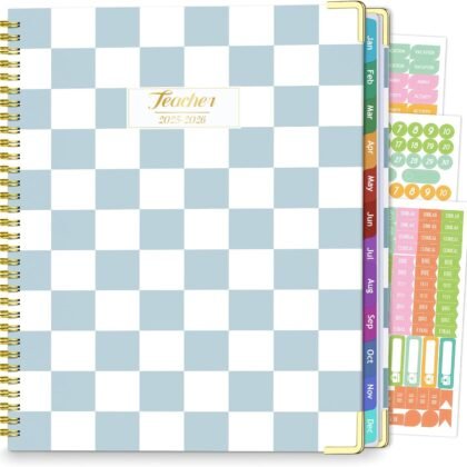 Teacher Planner 2025-2026, Aug 2025-Jul 2026 Academic Year, 8.5" x 11" Lesson Planner Book for Teacher Calendar, Spiral Bound Planners, Planning Stickers, Colorful Monthly Tabs, Checkered