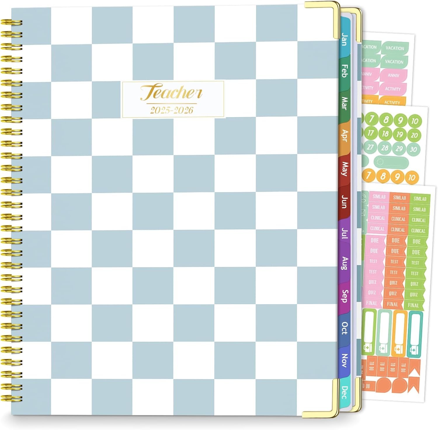 Teacher Planner 2025-2026, Aug 2025-Jul 2026 Academic Year, 8.5" x 11" Lesson Planner Book for Teacher Calendar, Spiral Bound Planners, Planning Stickers, Colorful Monthly Tabs, Checkered