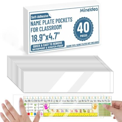 40 PCS Nameplate Pocket, 18.9" x 4.7" Adhesive Desk Name Tag Sleeves Easy Remove Nameplates Holder, Thicken Clear Scratch Proof Name Tag Pockets for Classroom Desk