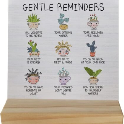 Mental Health Gentle Reminders Table Wood Plaque Sign,Cute Potted Plants Wooden Stand Wood Sign Desk Decor for Home Dorm Therapy Office Table Shelf,Self Motivated Gifts for Friends Coworkers Teens