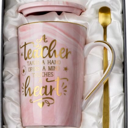 Unique Teacher Appreciation Gifts for Women - Best Teachers Day Mug for Teachers from Student, 14Oz Pink Marble Ceramic Teacher Cup with Gold Print, Birthday Retirement Graduation, Nice Gift Boxed
