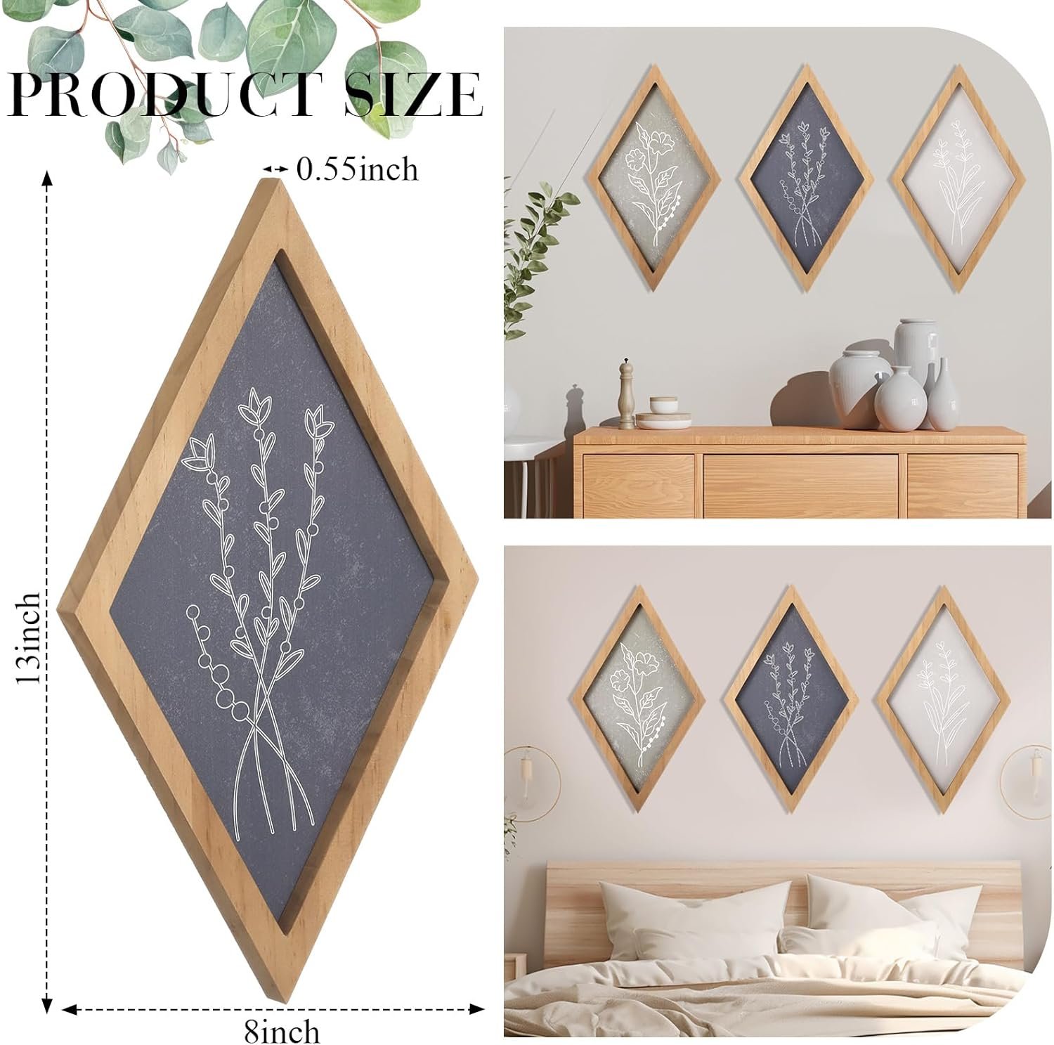 Yerliker 3 Pcs Botanical Wall Prints Wall Decor Set Boho Vintage Wall Art Plant Framed Wall Prints for Rustic Farmhouse Home Kitchen Bedroom, 13" x 8" (Gentle) - Image 2