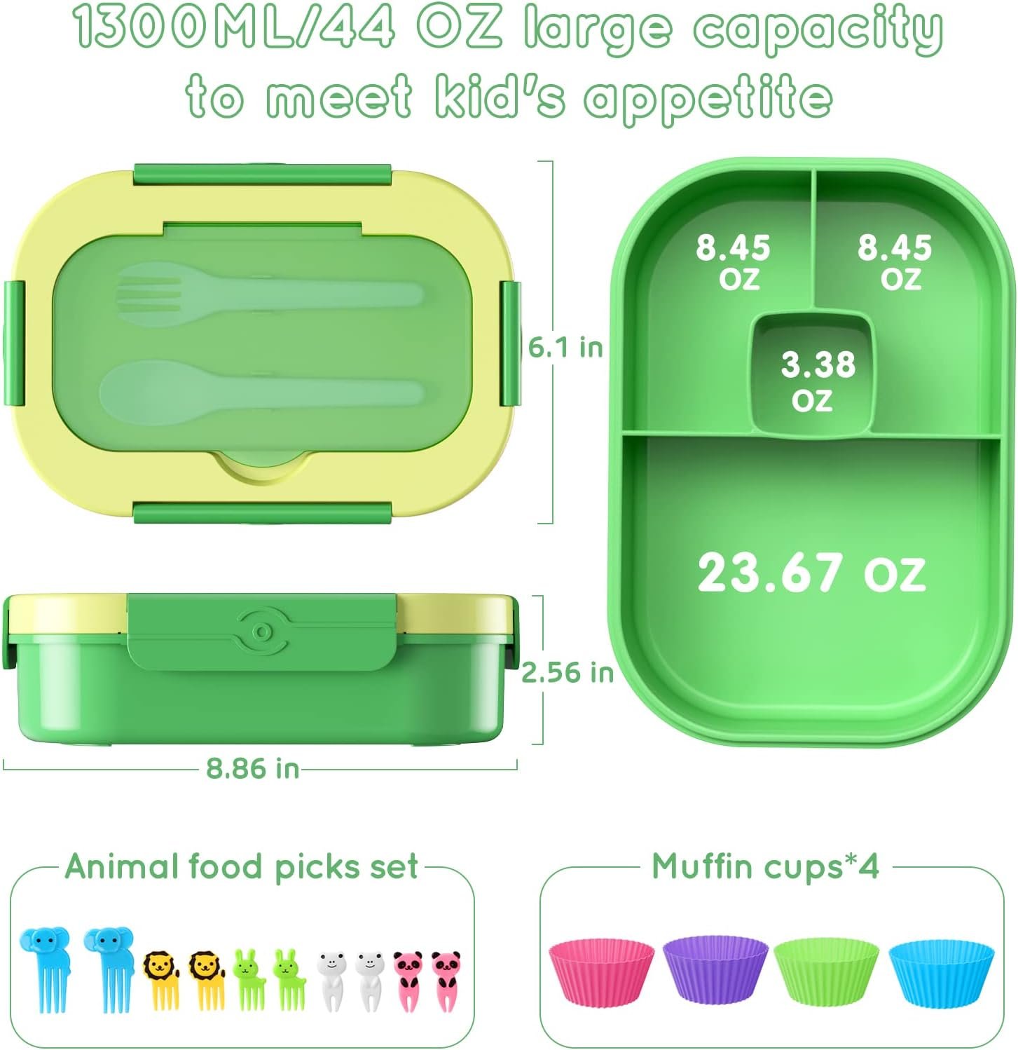 Bento Lunch Box Leakproof 44oz Kids Lunch Box Containers with 4 Compartment, Bento-Style Lunch Bento Box with Cutlery, Reusable Kid Back to School Meal/Snack Packing BPA Free (Green) - Image 5