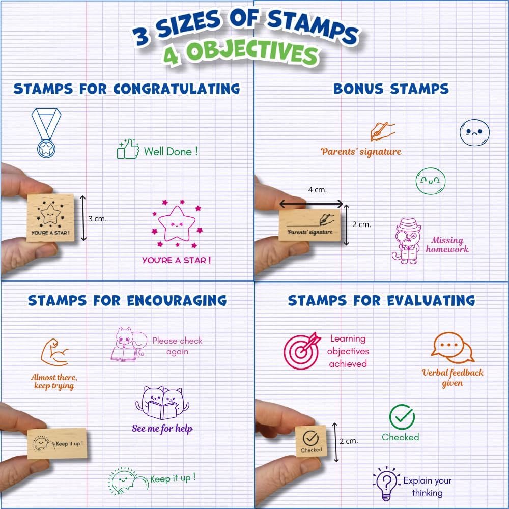 Teacher Stamp Set – 15 Durable & Motivational Wooden Teacher Stamps for Classroom Grading, 6 Ink Pads, Reward Stickers–Cute Elementary Teacher Must Haves, Teacher stationery, Back to School Essentials - Image 8