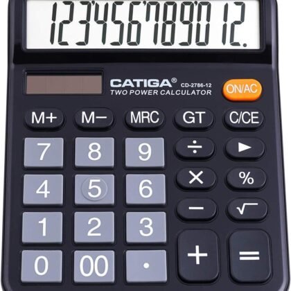 CATIGA 12 Digits Desktop Calculator with Large LCD Display and Sensitive Button, Dual Solar Power and Battery, Standard Function for Office, Home, School, CD-2786