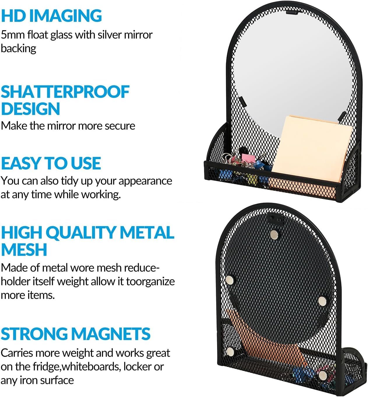 LUCYCAZ Magnetic Pen Holder - Locker Accessories, Black Mirror with 2 Magnetic Pencil Holders for Students, Locker Organizer for School, Home and Office, Back to School Essentials - Image 3