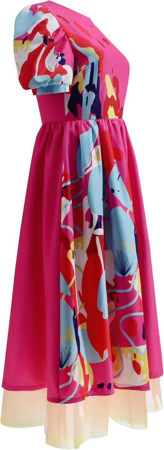 Women Weird Doll Costume Dress with Socks Pink Puff Short Sleeve Printed Dresses for Halloween - Image 2