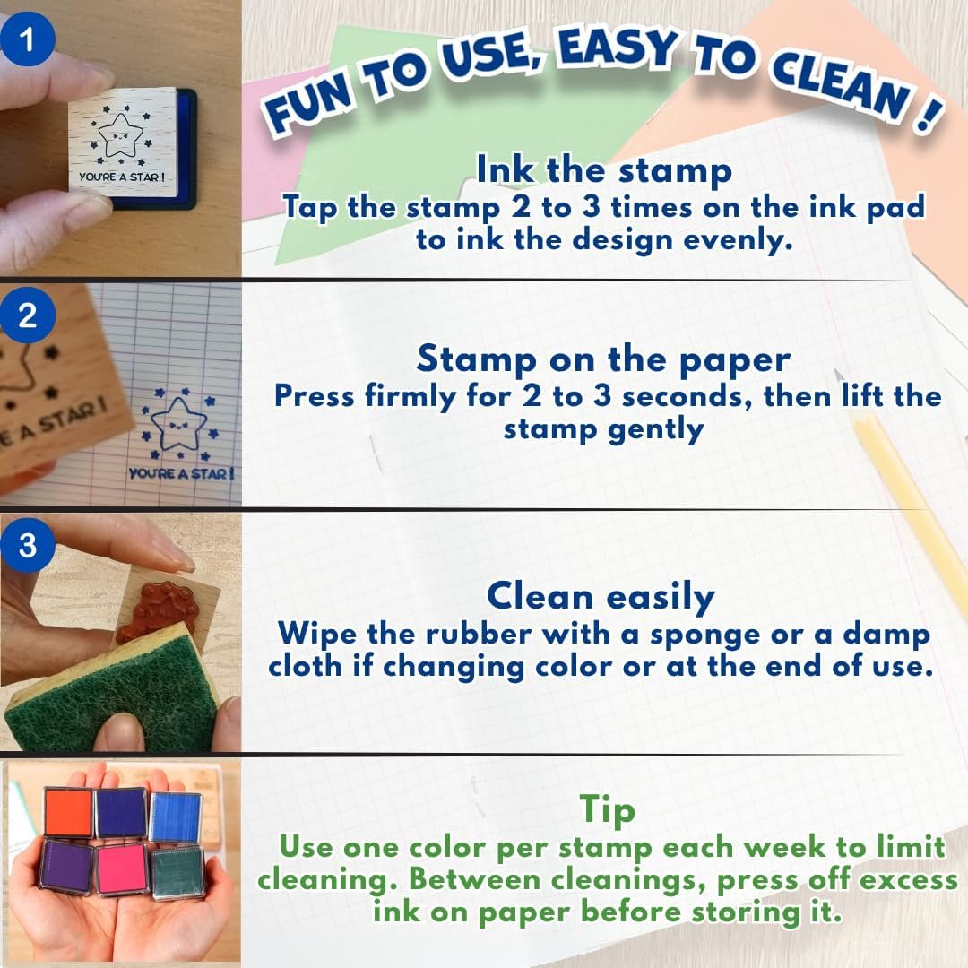 Teacher Stamp Set – 15 Durable & Motivational Wooden Teacher Stamps for Classroom Grading, 6 Ink Pads, Reward Stickers–Cute Elementary Teacher Must Haves, Teacher stationery, Back to School Essentials - Image 3