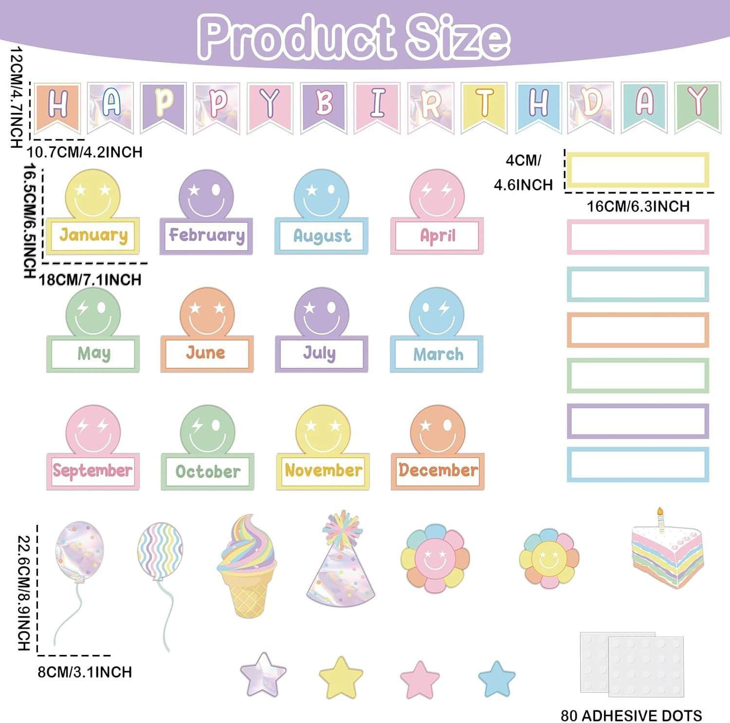 Pastel Smile Face Birthday Bulletin Board Set Happy Face Classroom Bulletin Board Decors Happy Birthday Nameplates Cake Paper Cutouts for Back to School Classroom Chalkboard Wall Door Teacher Supplies - Image 2