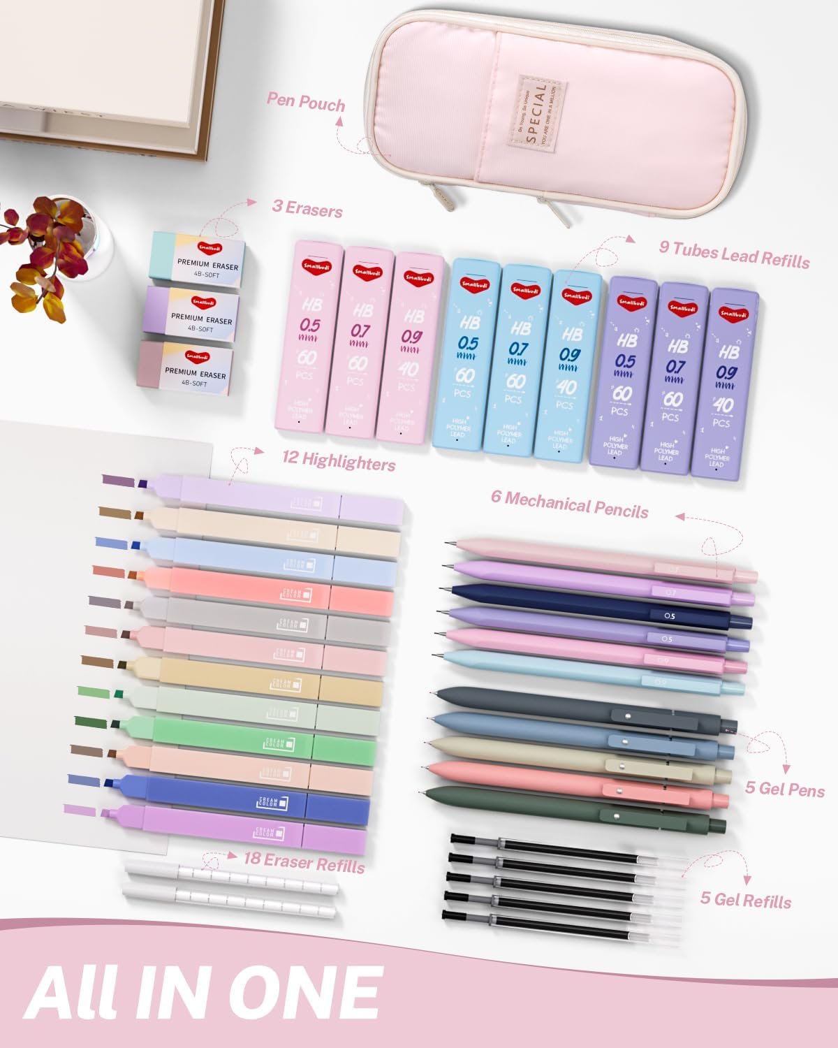 43PCS Aesthetic School Supplies with Pen Case, 5 Black Ink Gel Pens, 12 Pastel Highlighters, 6 Mechanical Pencil Set 0.5 & 0.7 & 0.9 mm, Back To School Supplies for Students Stationary - Image 2
