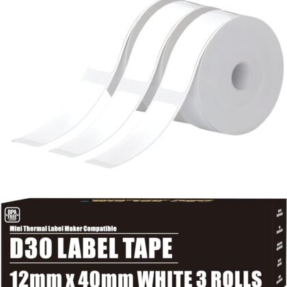 D30 Labels Compatible for Phomemo Labels D30 Label Tape for Printmaster Print Master D30 Q30 Smart Mini Label Maker Refill for Phomemo Label D30 Label Maker Tape White 12x40 mm 0.47" x 1.57" 3 Rolls