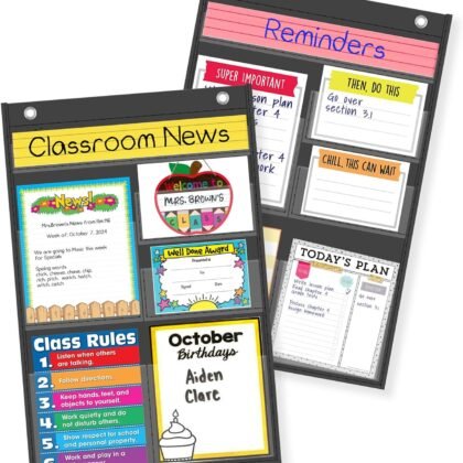 2 Piece Black Pocket Chart for Classroom Resources, News, Cards, Assignments, Posters, Anchore Charts, Drawing, Pictures Display, 6 Pockets Preschool Bulletin Board Hanging Chart (No Cards)