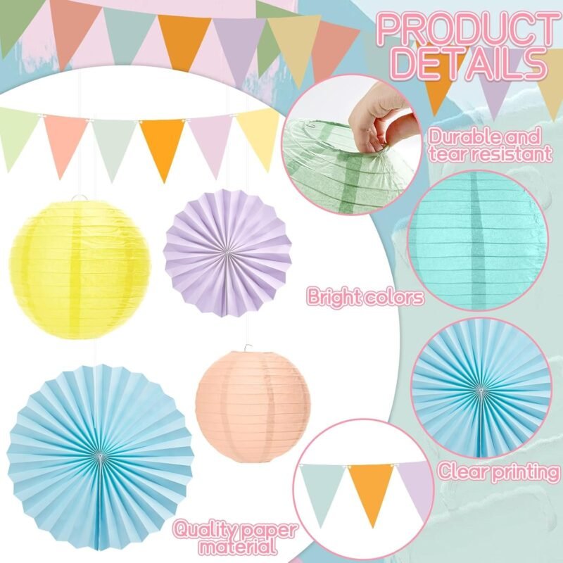 21Pcs Pastel Classroom Decor Colorful Pastel Hanging Paper Lanterns Paper Fans Triangle Flags Banners Set Round Lantern for Back to School Ceiling Supplies Home Indoor Birthday Party Ceremonial Event - Image 3