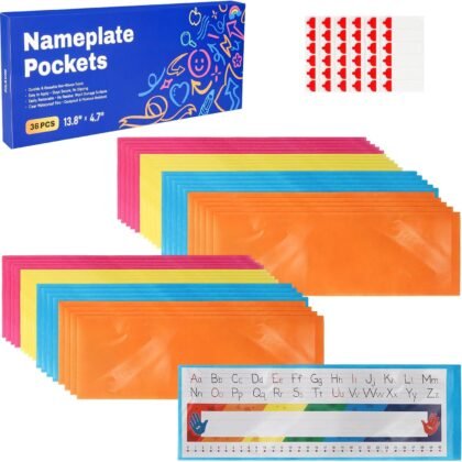 Nameplate Pocket, Name Tag Pockets for Desks, 13.8" x 4.7" Non-Woven Fabric Adhesive Clear Nametag Sleeves Covers for Student Desks, Classroom Suppliers (36 PCS)