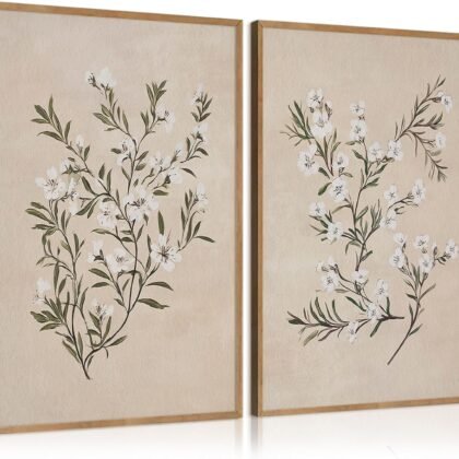 Vintage Botanical Wall Art Neutral Floral Prints Farmhouse Flower Canvas Wall Decor Watercolor Wildflower Pictures Nature Minimalist Artwork for Living Room Bedroom 12x16 Inch Unframed Set of 2