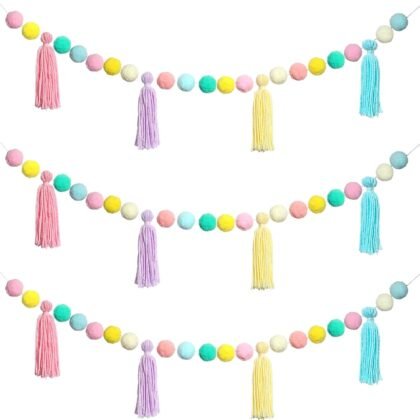3Pcs Pastel Pom Pom Garland Back to School Colorful Hanging Tassel Felt Ball Banner Teacher Classroom Decor for Kids Elementary Nursery Baby Shower Party Decorations Wall Door Photography Prop