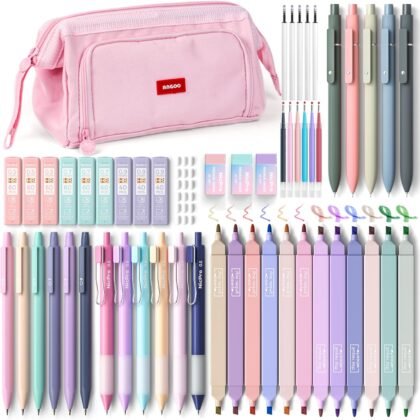 Nicpro 55PCS Aesthetic School Supplies with Pink Pen Case, 12 Pastel Highlighters, 11 Color & Black Ink Gel Pens, 6 Mechanical Pencils & Lead, Cute Stationery Set for Girls Student College Essentials