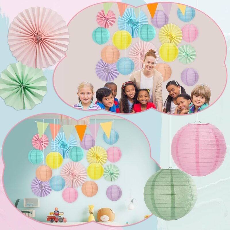 21Pcs Pastel Classroom Decor Colorful Pastel Hanging Paper Lanterns Paper Fans Triangle Flags Banners Set Round Lantern for Back to School Ceiling Supplies Home Indoor Birthday Party Ceremonial Event - Image 6
