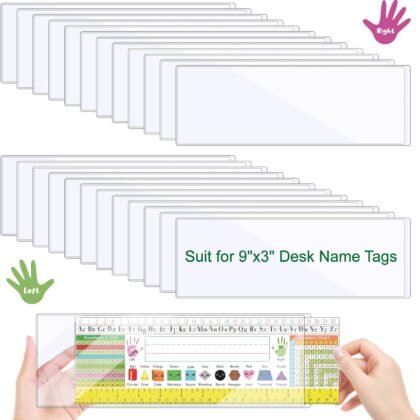 Meetory 25 Pieces 9.5” x 3.4” Clear Reusable Nameplate Pocket Thickened Self-Adhesive Desk Name Tag- Covers for School Classroom Desk, Office Supplies, No Residue（NOT Include Name Tags）