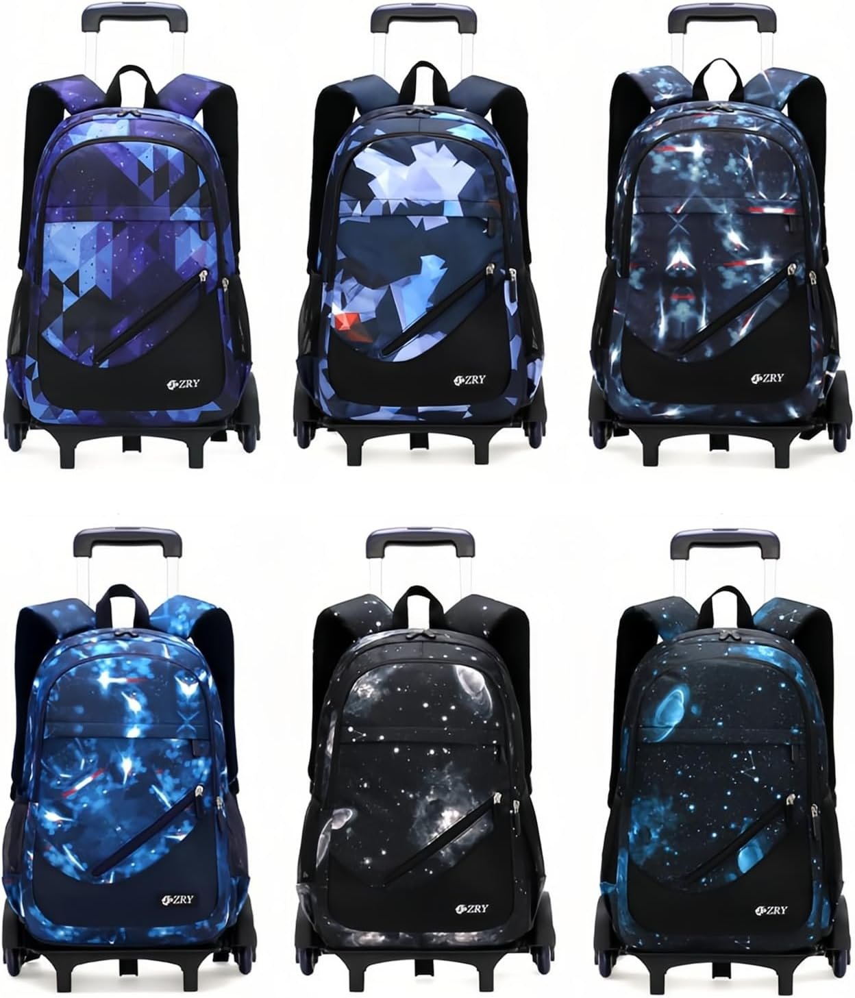 3Pcs Blue Geometric Print Boys Rolling Backpack Set with Crossbody Bag, Capacity Trolley School Bags Elementary Bookbags with 6 Wheels - Image 7