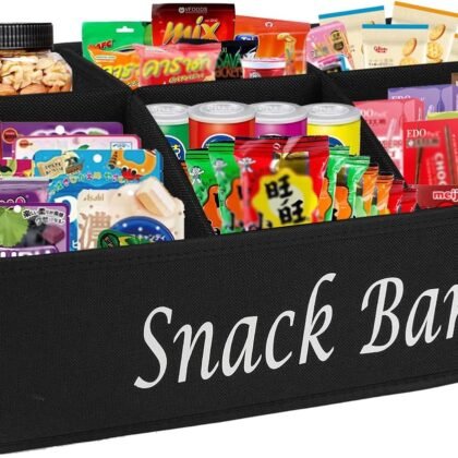 Snack Organizer for Countertop, Fabric Snack Bar Station with Handles, 6 Compartment Container, Black 【Patent Pending】