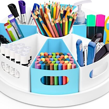 MeCids 360°Rotating Desk Organizers Homeschool Office Organization and Storage Art Supplies Organizers– 12" Lazy Susan Style Caddy with Removable Bins, for Home Offices, School Supplies Classroom Use