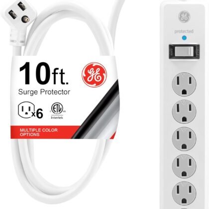 GE 6-Outlet Surge Protector, 10 Ft Extension Cord, Power Strip, 800 Joules, Flat Plug, Twist-to-Close Safety Covers, ETL Listed, White, 14092