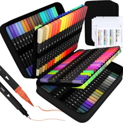 Art Supplier Dual Brush Markers Pens, 110 Artist Coloring Marker Set, Fineliner & Brush Tip Pen with Premium Case for Adults Coloring Books & Kids Journal, Drawing, Doodlin