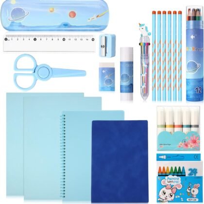 Sabary 58 Pcs Back to School Supply Bundle Kit for Girls Grades K-12, Essentials Box of Supplies Bundle, School Classroom Essentials Include Folders Notebook Pencil Pen Ruler Scissor and More(Blue)