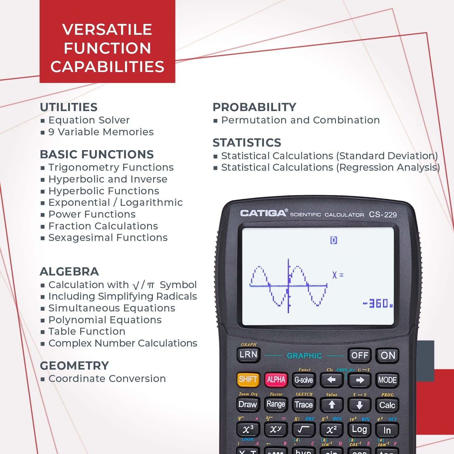 CATIGA CS229 Scientific Calculator with Graphics Functions, Multiple Modes with Intuitive User Interface for Beginners and Advanced Courses - Image 4