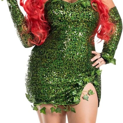 Women Halloween Deluxe Green Ivy Cosplay Costume Sleeveless Fake Leaves Sequin Fairy Dress with Gloves Headband Set